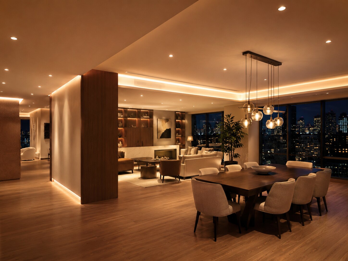 Luxury interior with custom recessed, cove and pendant lighting